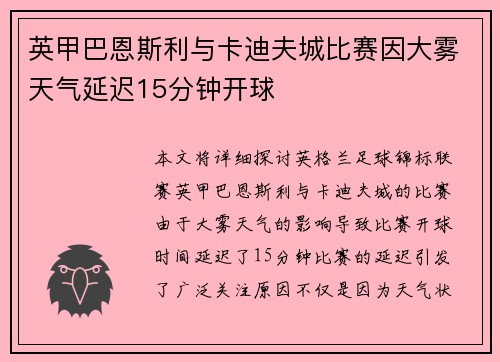 英甲巴恩斯利与卡迪夫城比赛因大雾天气延迟15分钟开球